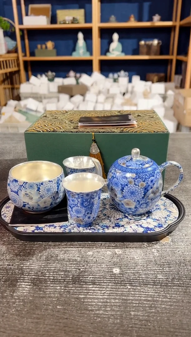 【闪购商品】其他周鸿杰青花万花鎏银龙蛋壶+2杯+万花+盘