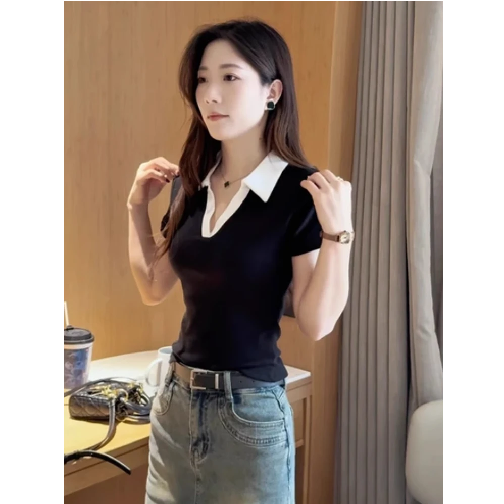 设计感小众撞色Polo翻领短袖T恤女2025夏季新款修身显瘦百搭上衣