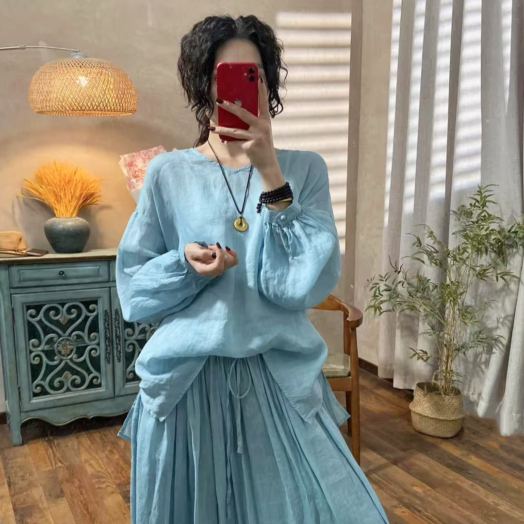 喜卓625129纯色苎麻柔和东方古典含蓄之美宽松文艺衬衫