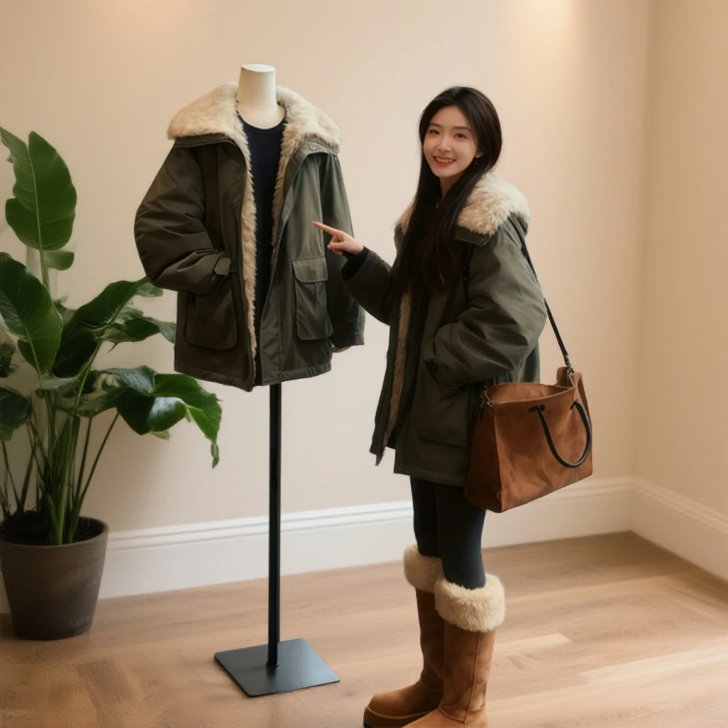 霖优【浅雪山茶】大翻领棉服女款2026冬季新款保暖工装派克服外套女
