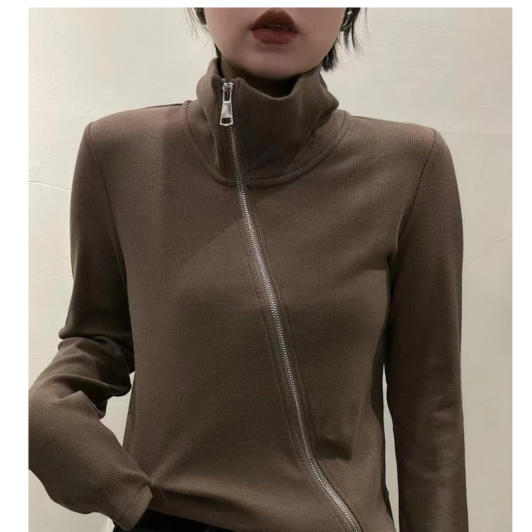 【王大艳家】8357，百搭斜拉链立领打底衫