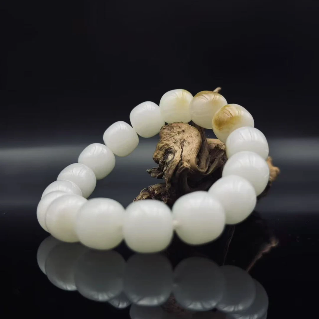 和田玉且末糖白桶珠手串（14mm）1644