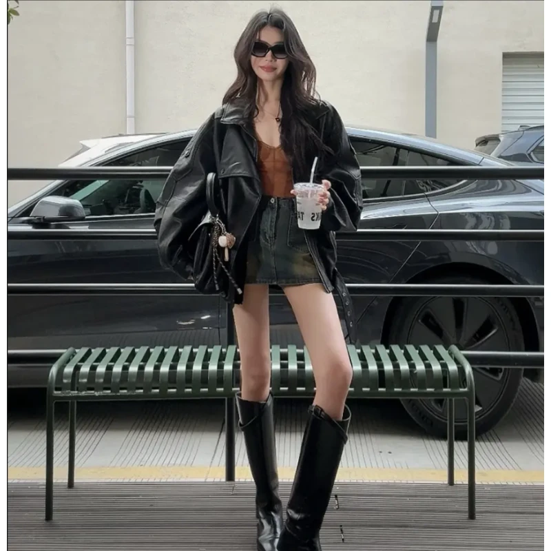 高端肌理感油蜡皮阔版双领机车皮衣女春秋时尚宽松显瘦