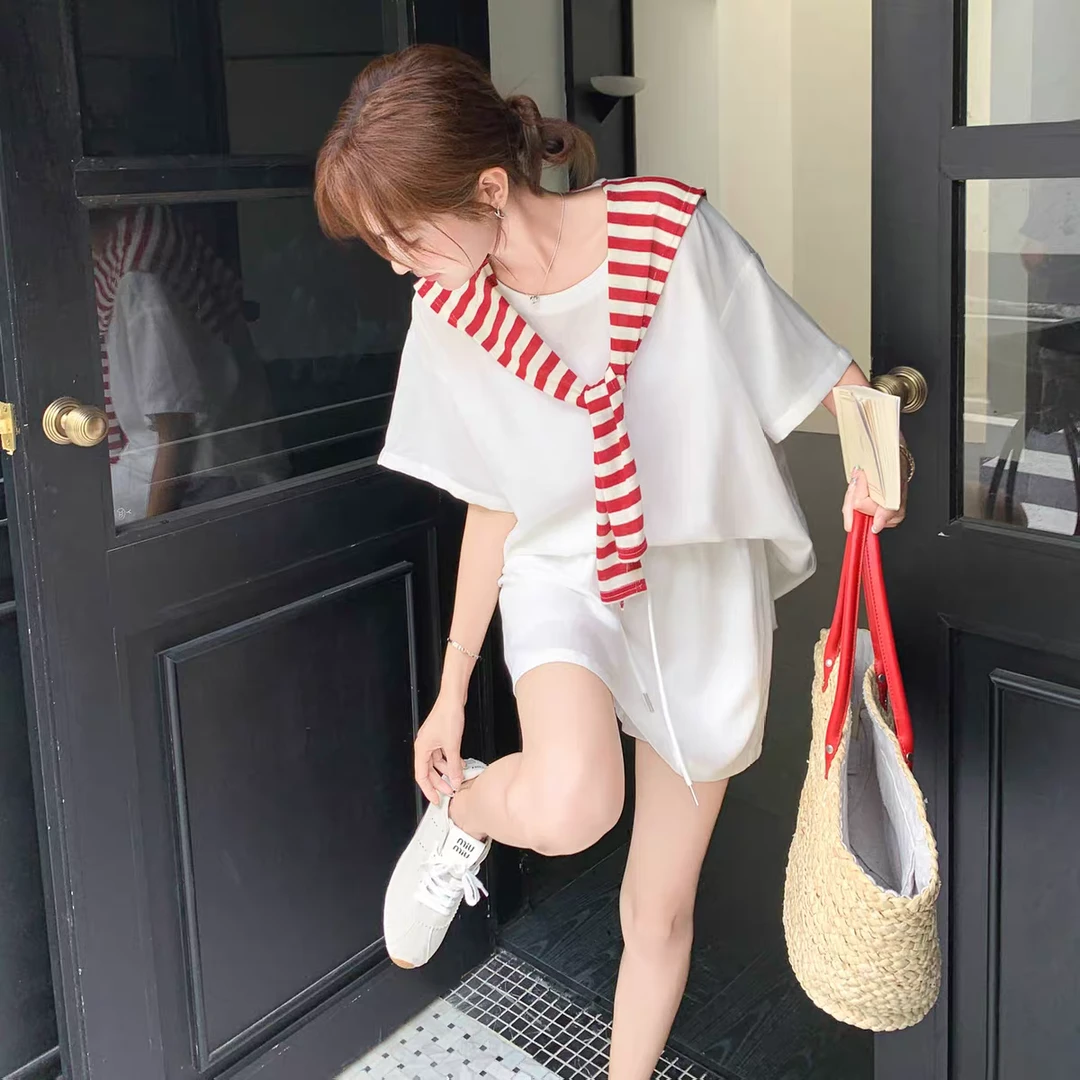【大白莎家】大码休闲慵懒风条纹披肩T恤与半身短裙夏季穿搭