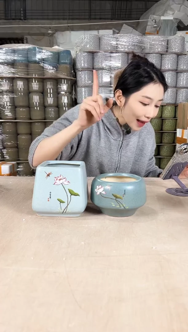 【闪购商品】陶瓷四方天蓝荷花小11+圆口深绿荷花小13