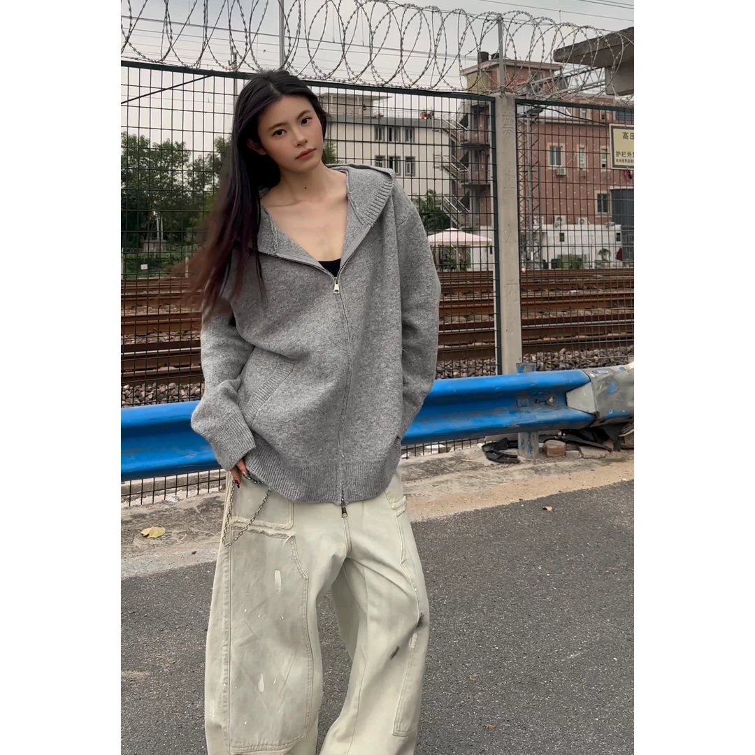 美式复古开衫毛衣男宽松连帽针织衫秋冬老钱风休闲情侣线衣外套