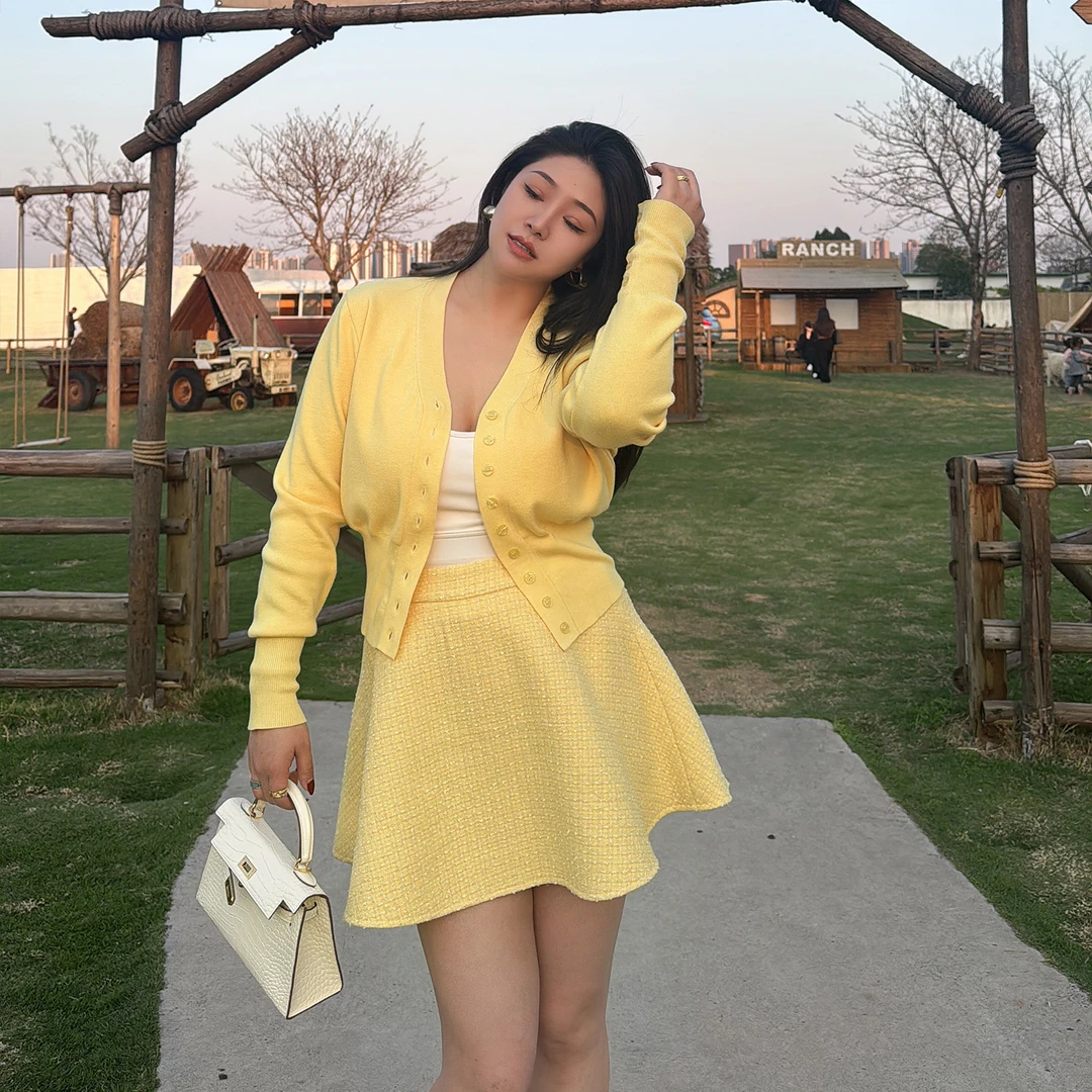 多肉宝贝羊毛小香风伞裙女微胖mm穿高腰显瘦半身裙250XL24091气质