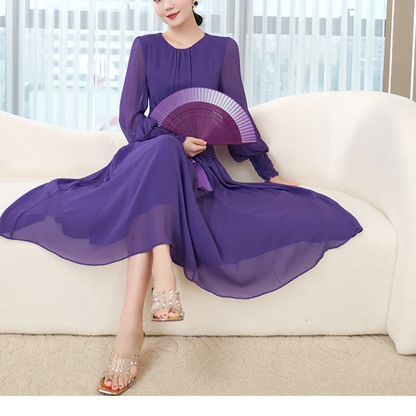现货2025春季新款【水韵海棠】气质褶皱设计显肤色魅惑紫连衣裙