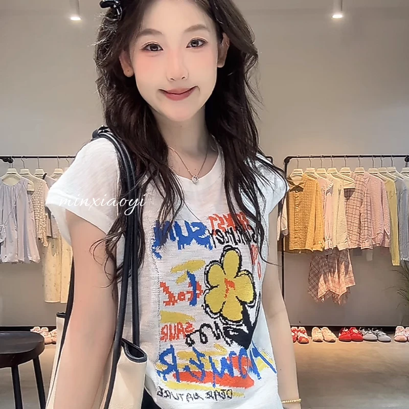 【闵笑一】夏日花盈 夏季新款韩系简约圆领字母印花短袖T恤女上衣