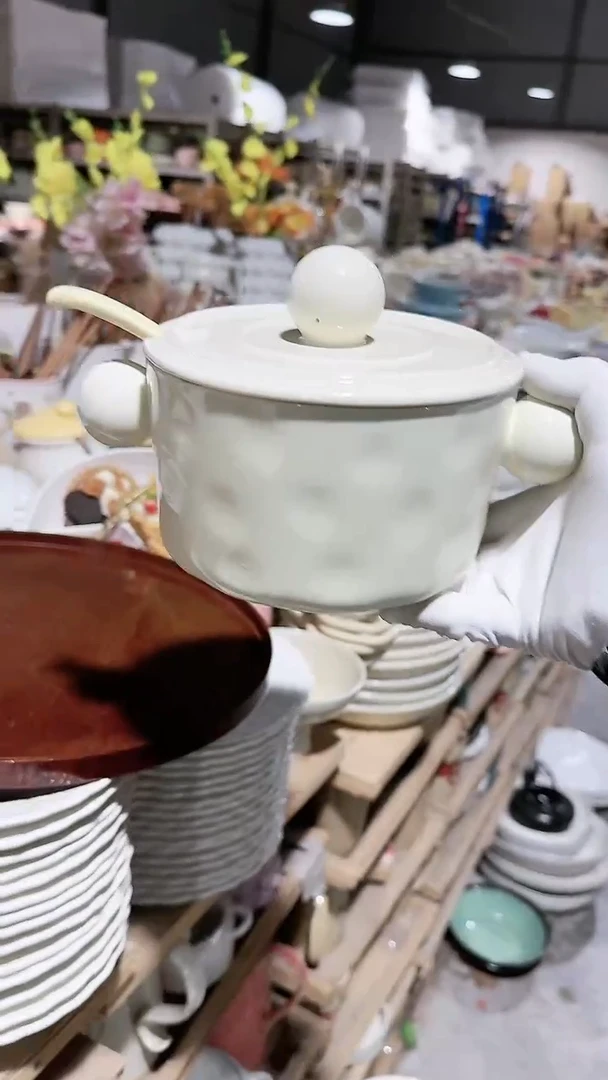 【闪购商品】瓷片矮双耳带盖勺子3件套微瑕 凑满20元包邮