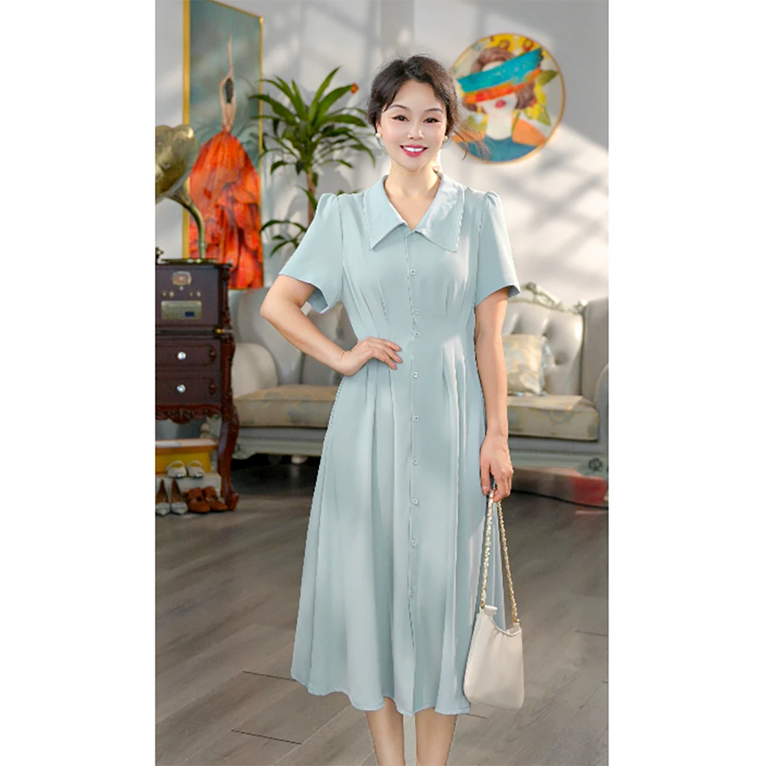 无印心匠B810 女士纯色显瘦系扣中长裙夏季收腰连衣裙K1897