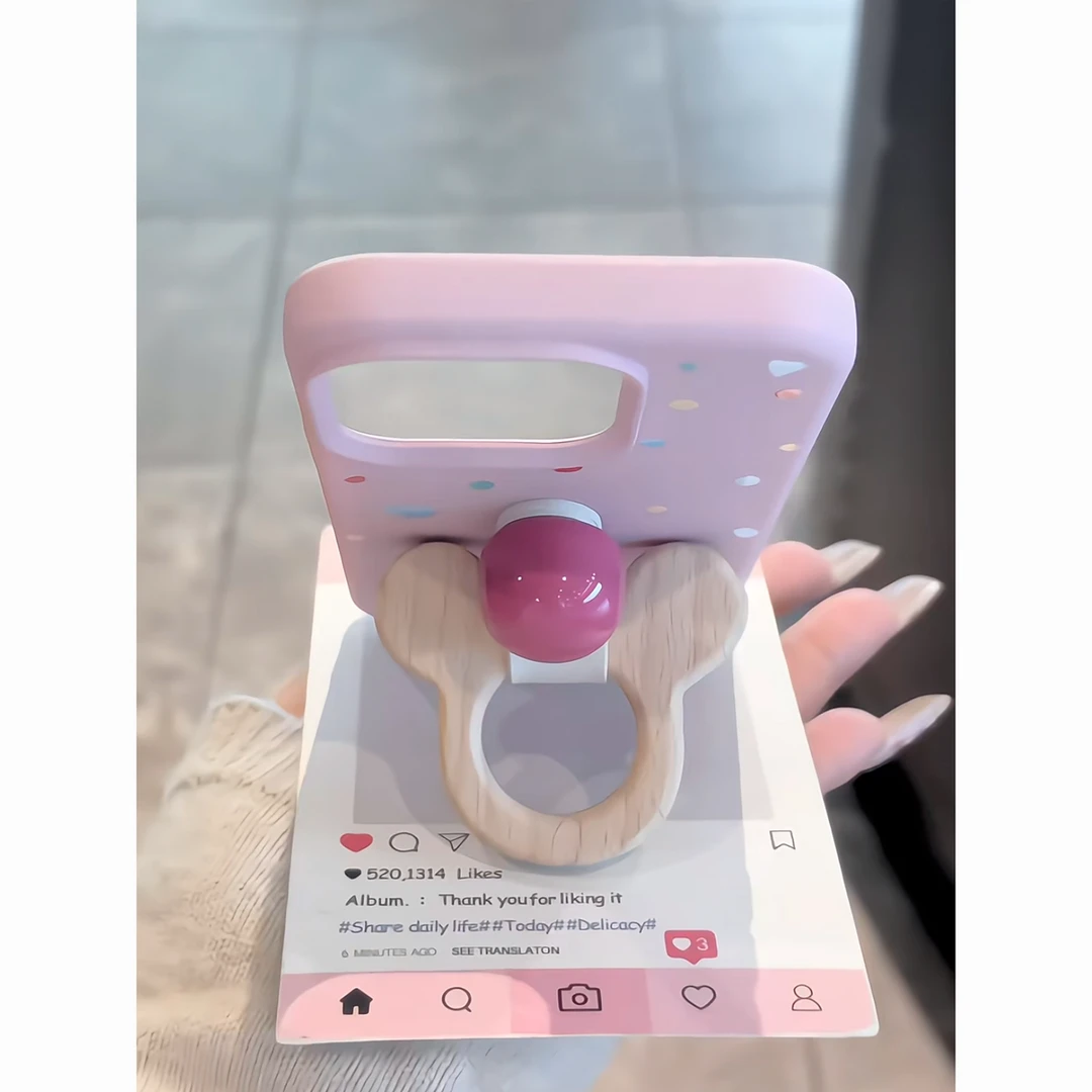 日韩ins粉色米奇指环扣适用苹果16/15手机壳iPhone14/13荔枝纹12