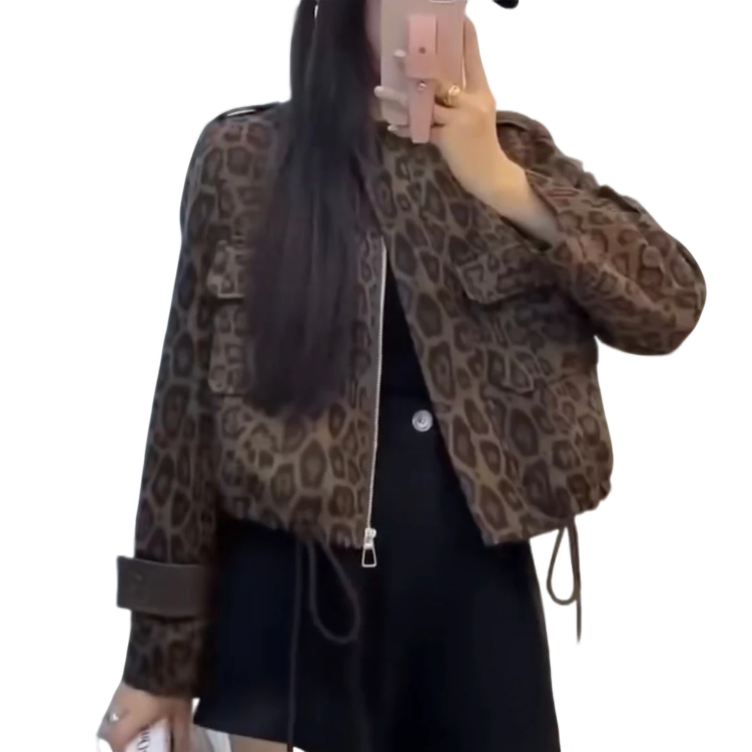 【珊珊服饰】早春潮流气质百搭豹纹短款新国标90白鸭绒