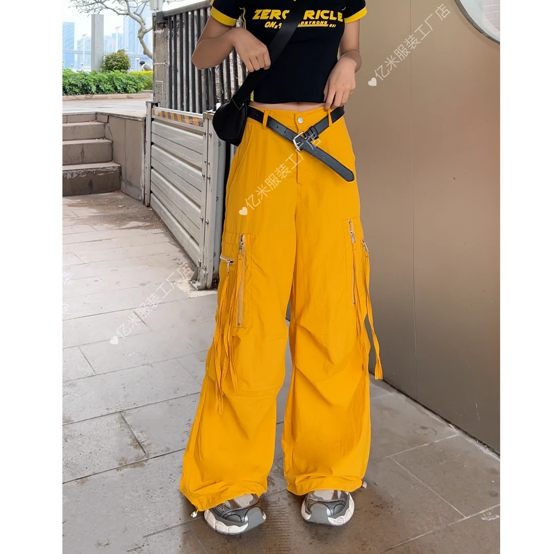 (韩版•定制)夏季新款时尚重工半松紧腰下脚可抽绳阔腿飘带工装裤