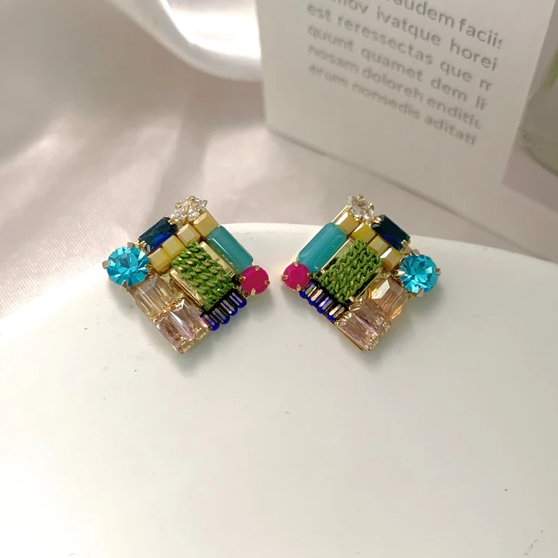 黄铜耳饰 韩国设计师手工编织方形气质百搭耳钉