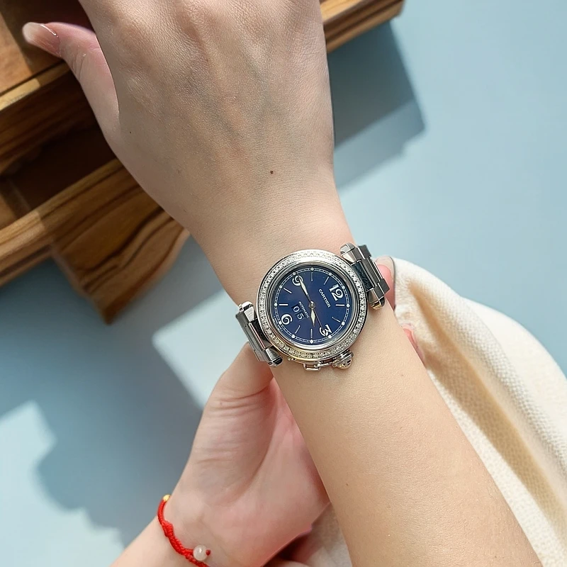 95新 Cartier/卡地亚 35mm帕莎W31047M7蓝盘后镶钻自动机械中性