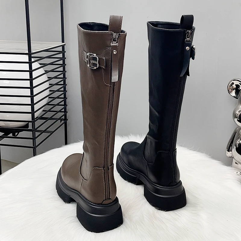 【万达撤柜】厚底长筒靴女2025新款春秋款真皮靴子高跟骑士靴小寄云