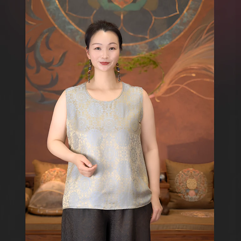 爱上莲心色织灰蓝色U领复古背心 新中式老钱风复古传统中国风