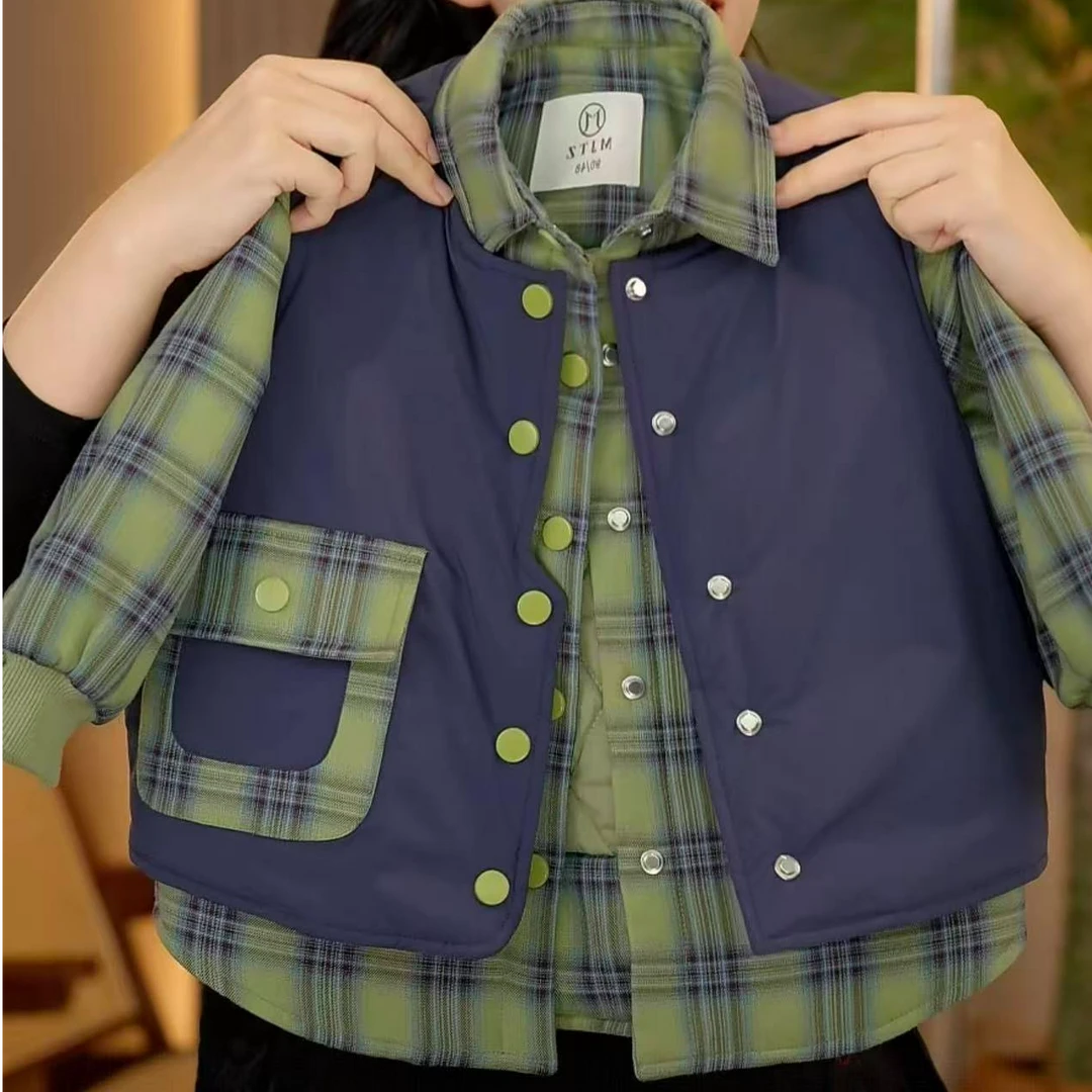 幂姐童装 儿童外套2025秋冬季新款时尚马甲外套真两件棉服上衣