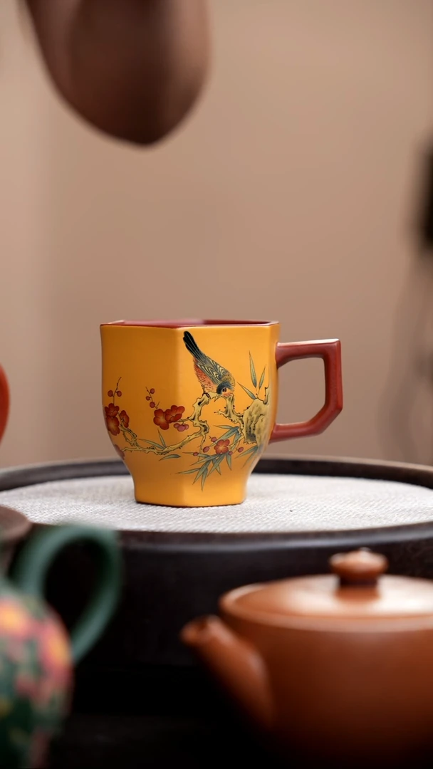 茶壶紫砂黄金段粉浆六方手把杯