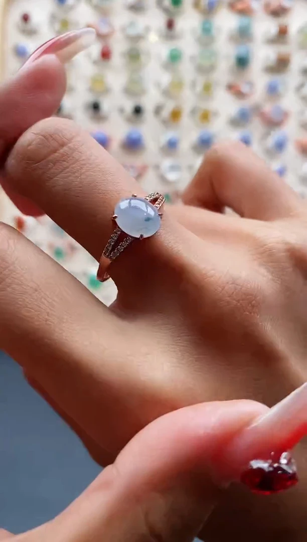 【闪购商品】翡翠戒指银S925镶嵌缅甸天然A货翡翠444 3+