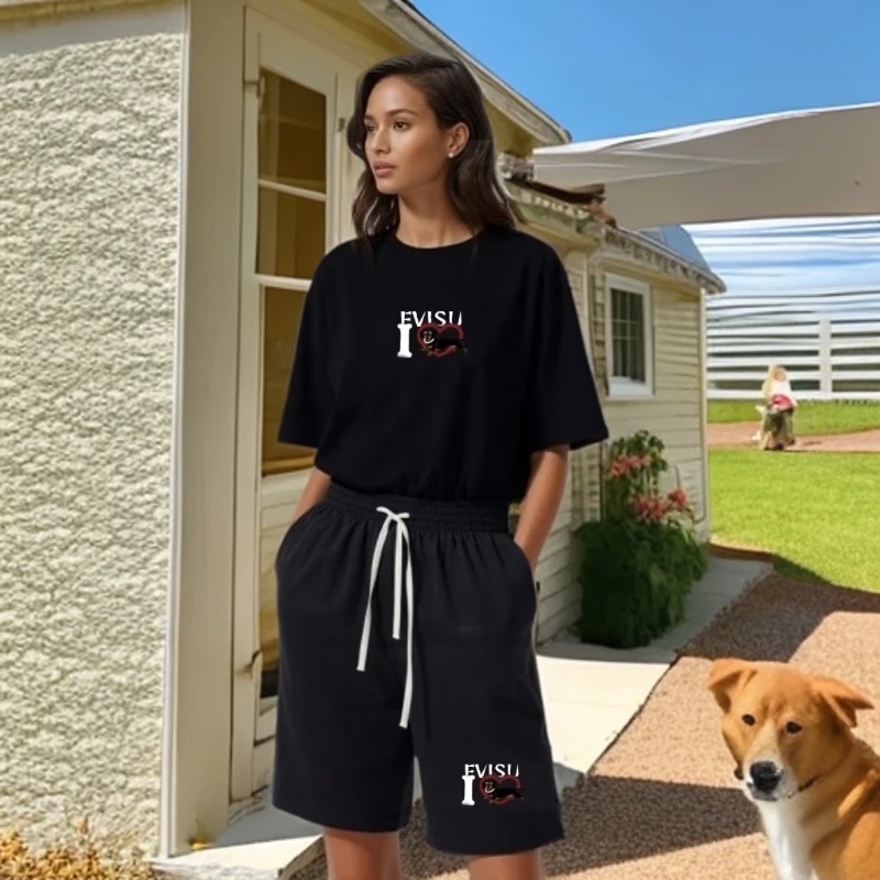 FUSHEN官方旗舰 “我爱狗狗”情侣腊肠狗美式短袖T恤上衣复古宽松