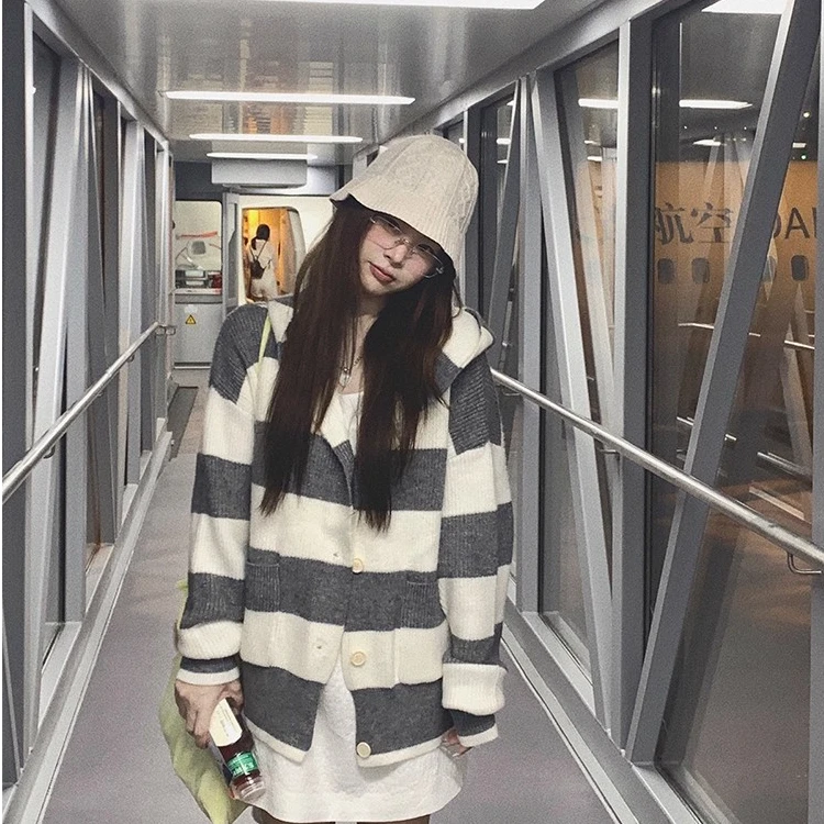 少女心事 条纹毛衣开衫女连帽针织衫外套宽松显瘦百搭ins软糯