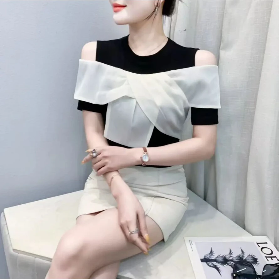 2025年夏季新款设计感撞色蝴蝶结拼接短袖t恤时尚露肩韩版女装潮