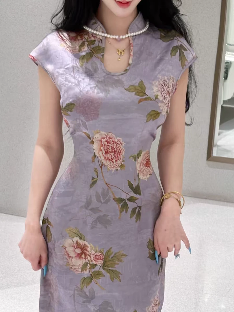 自制改良贝壳袖新中式紫色中国风旗袍 仙紫令