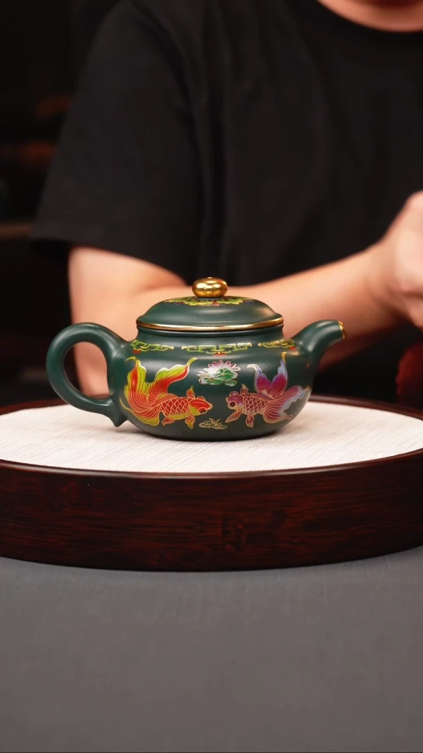 茶壶紫砂绿泥珐琅彩金鱼仿古