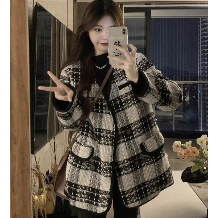 La Chapelle/拉夏贝尔时尚百搭气质衣服格子冬装外套短款女小香风