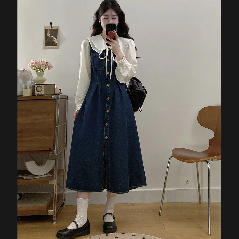 大码女装复古牛仔收腰背心连衣裙+减龄荷叶边衬衫