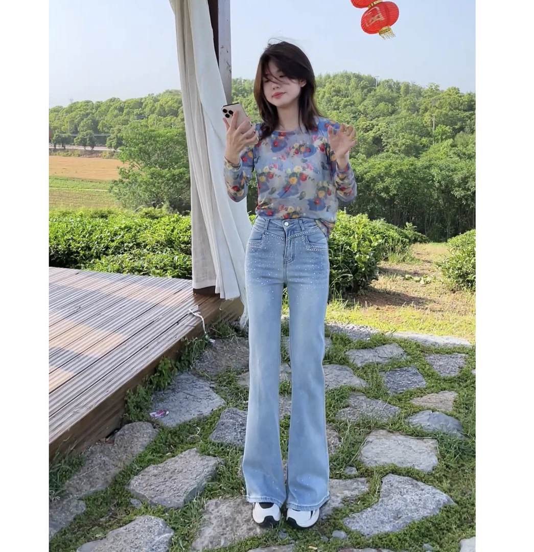 3530高腰莱赛尔天丝烫钻设计微喇牛仔裤 夏季薄款