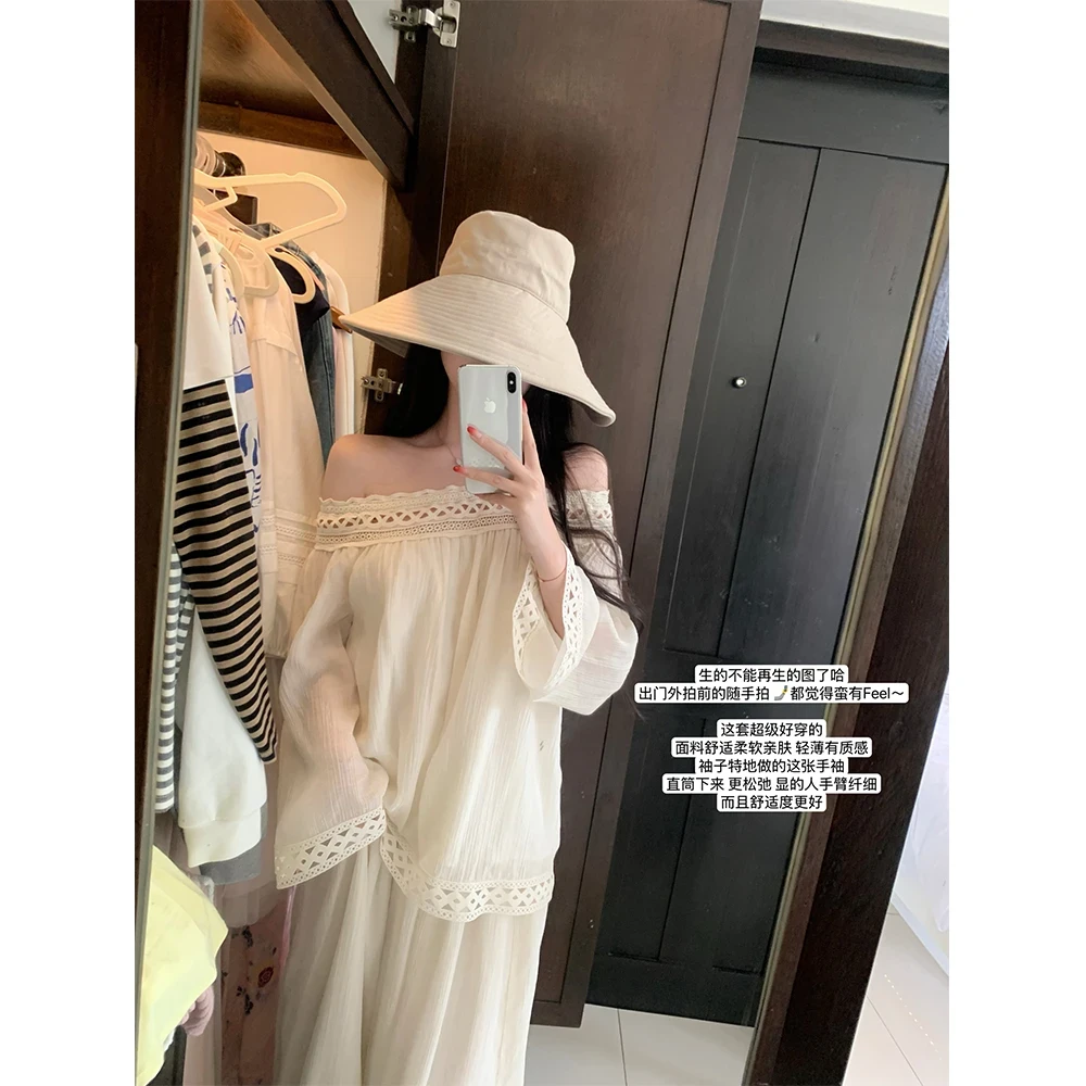 定染刺绣高品质镂空蕾丝花边新款一字肩宽松上衣连衣裙两件套9174