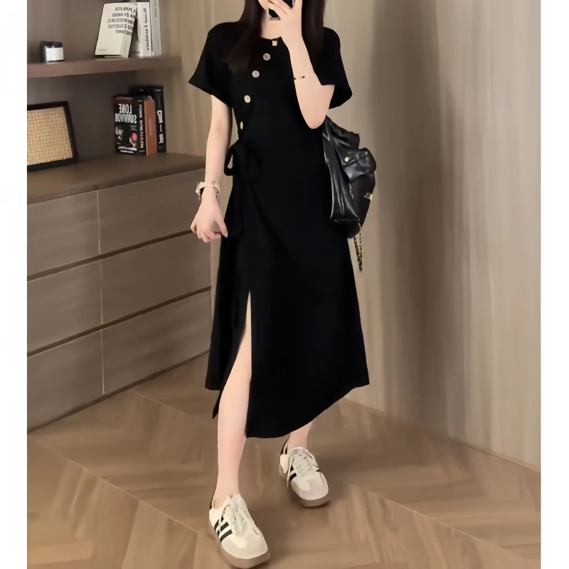 夏季时尚气质风连衣裙中长款赫本风拼接绑带设计感显瘦小黑裙复古