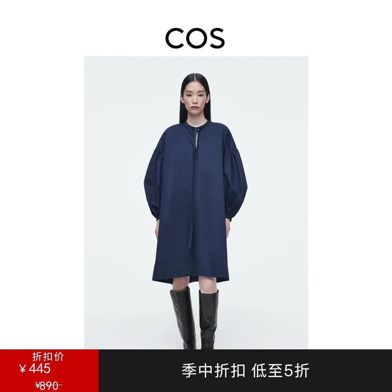 COS女装 休闲版型圆领泡泡袖系带领连衣裙2025春季新品1251105001