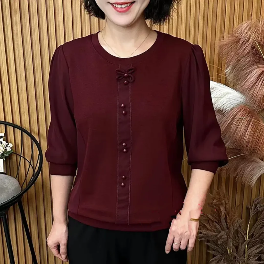 洋气妈妈装秋季圆领拼接蝴蝶结宽松显瘦百搭中老年女装长袖上衣