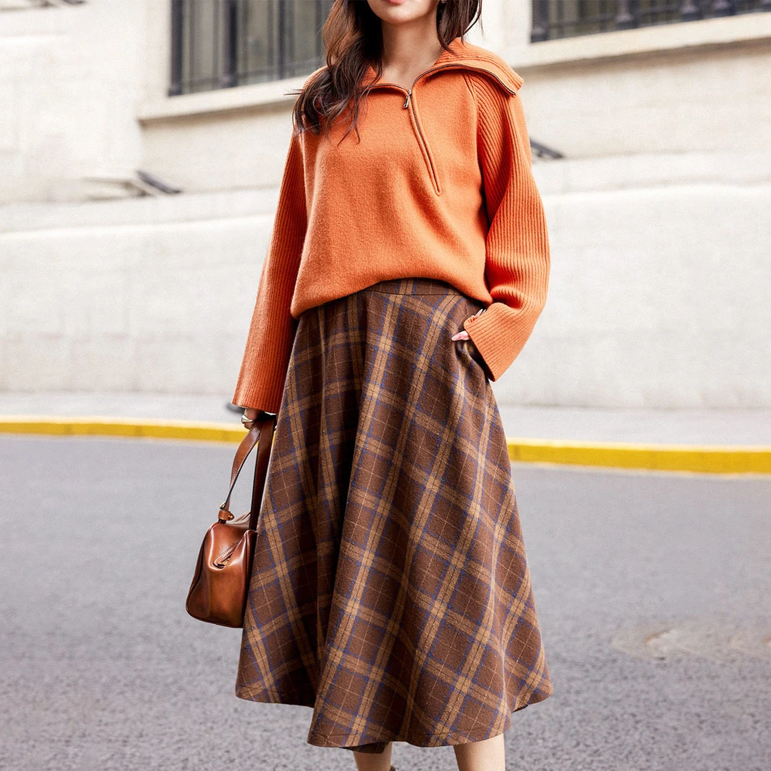 PLUSMALL 格纹协奏曲 羊毛混纺格子不规则A字半身裙PLUS2512018