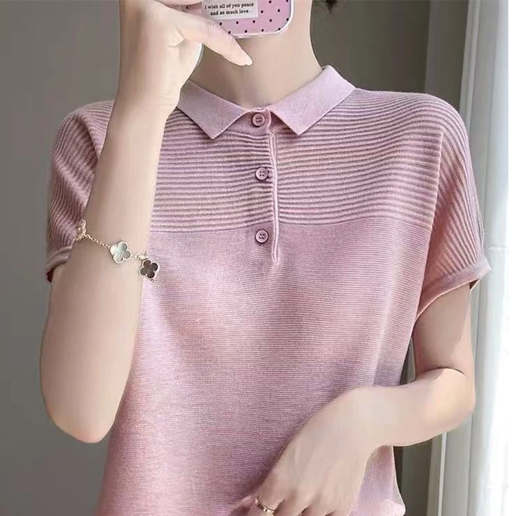 莱赛尔天丝~女士夏季翻领短袖T恤宽松显瘦设计感休闲2062