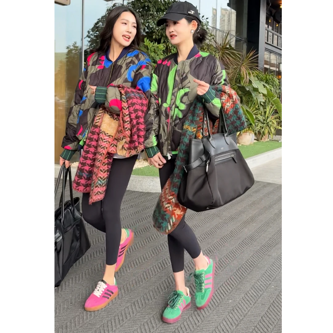 冬季港风复古撞色宽松保暖印花机车棉服{卡}G0607