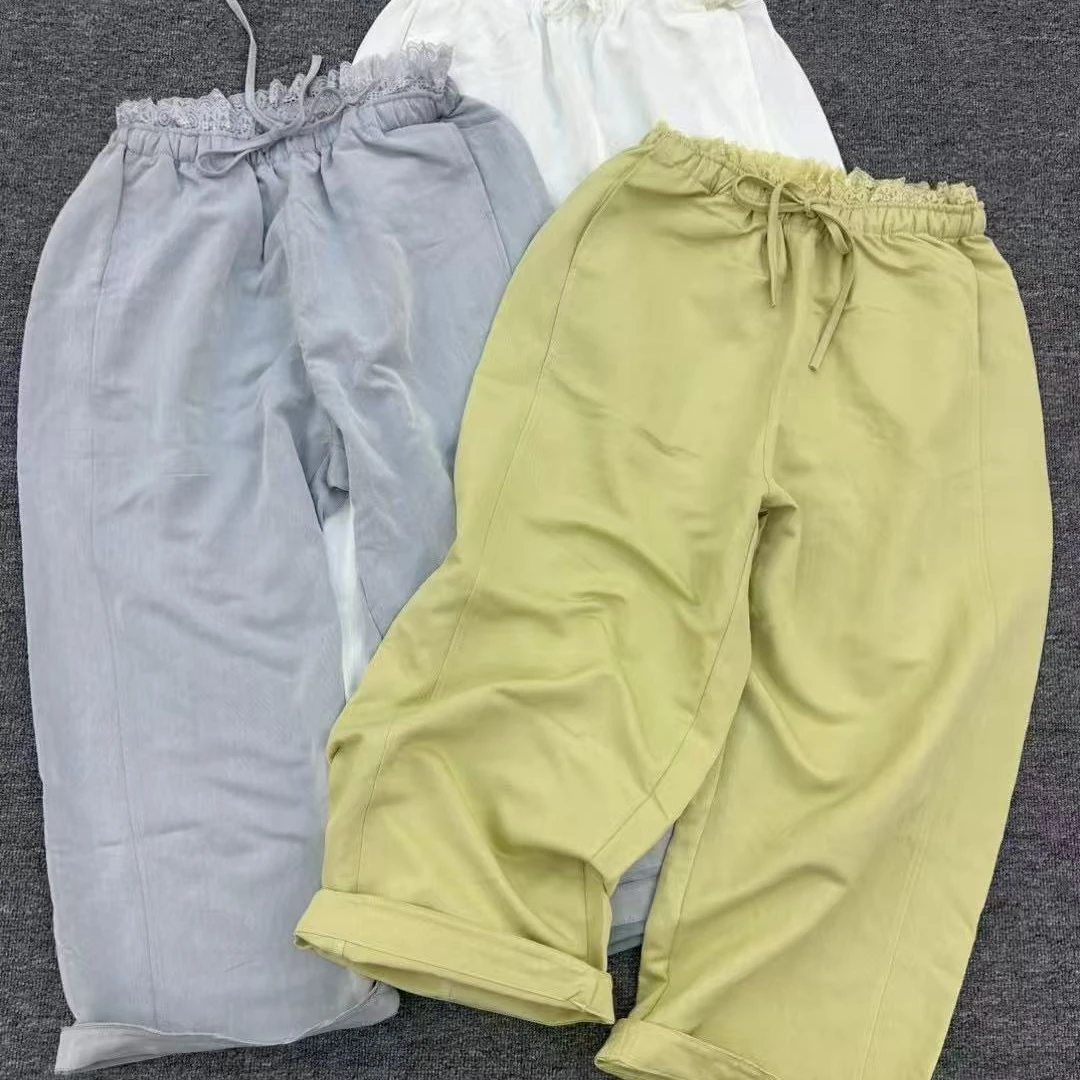 D3902蕾丝花边阔腿休闲裤抽绳设计百搭舒适显腿长透气时尚八分裤