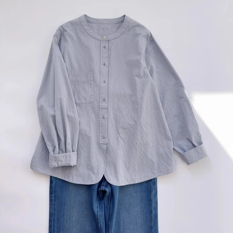 1093蓝灰色衬衫女 小众设计师纯棉休闲衬衣百搭宽松休闲女上衣