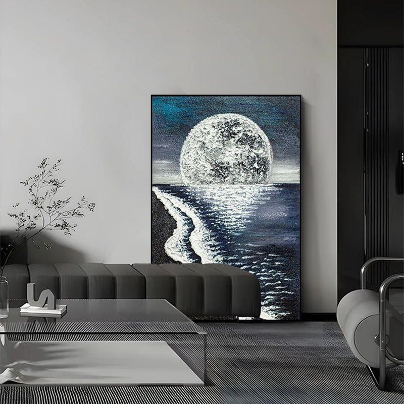 现代简约手工油画黑白海浪玄关装饰画客厅走廊过道壁画月球80120