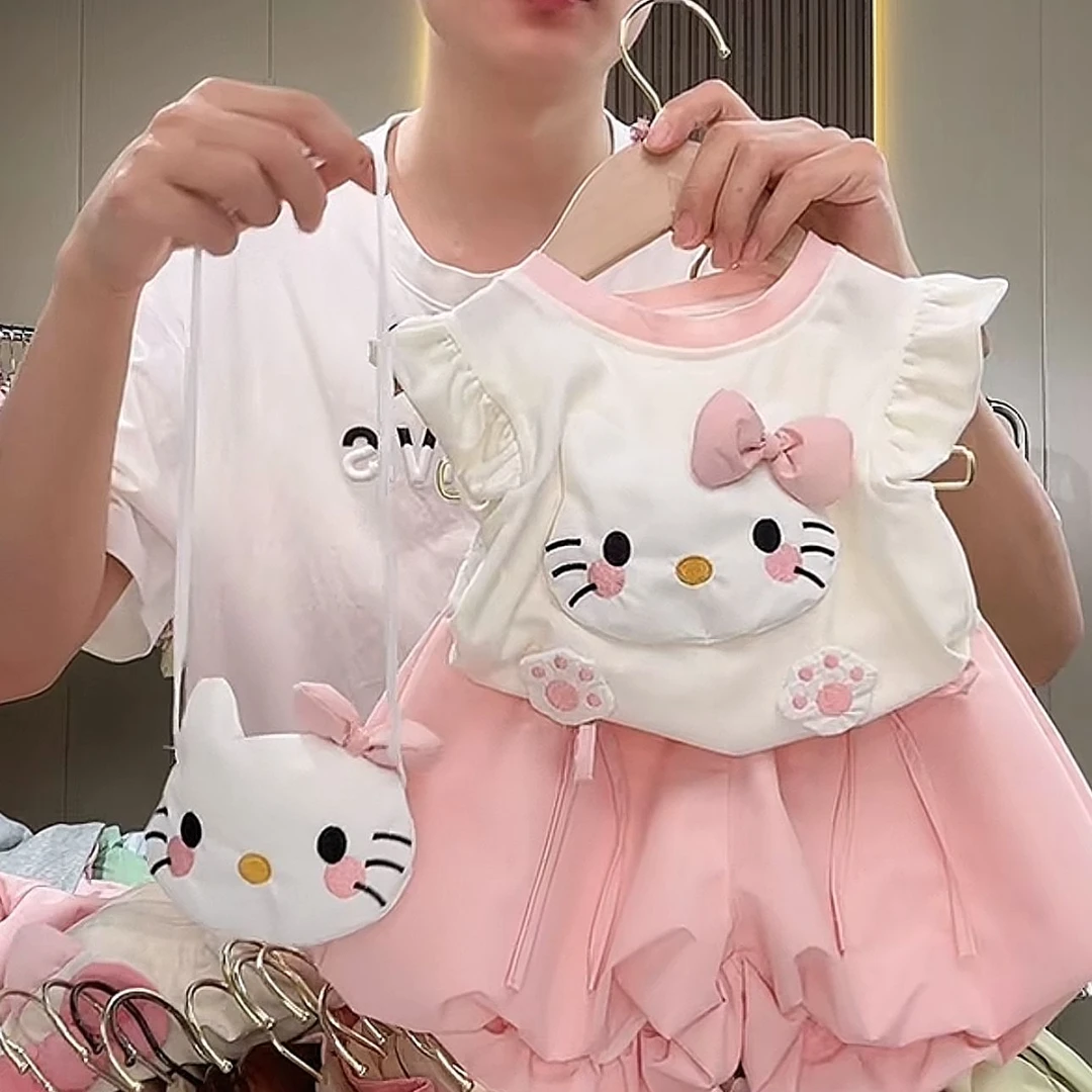 2025年夏季新款女童可爱飞袖粉色猫咪套装045包包赠品不售后。
