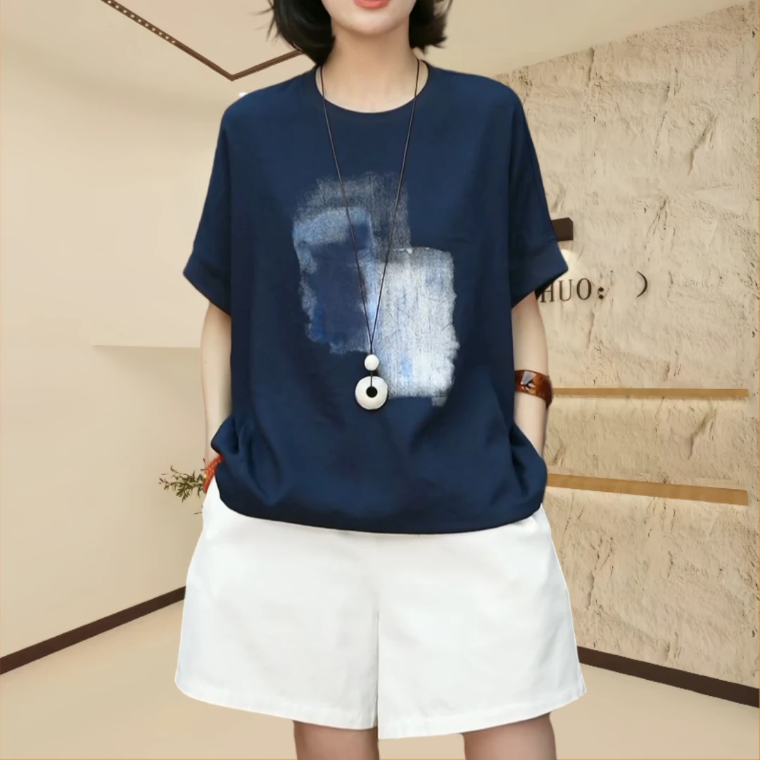 夏季宽松圆领短袖印花五分袖T恤女休闲百搭薄款透气柔软弹性上衣