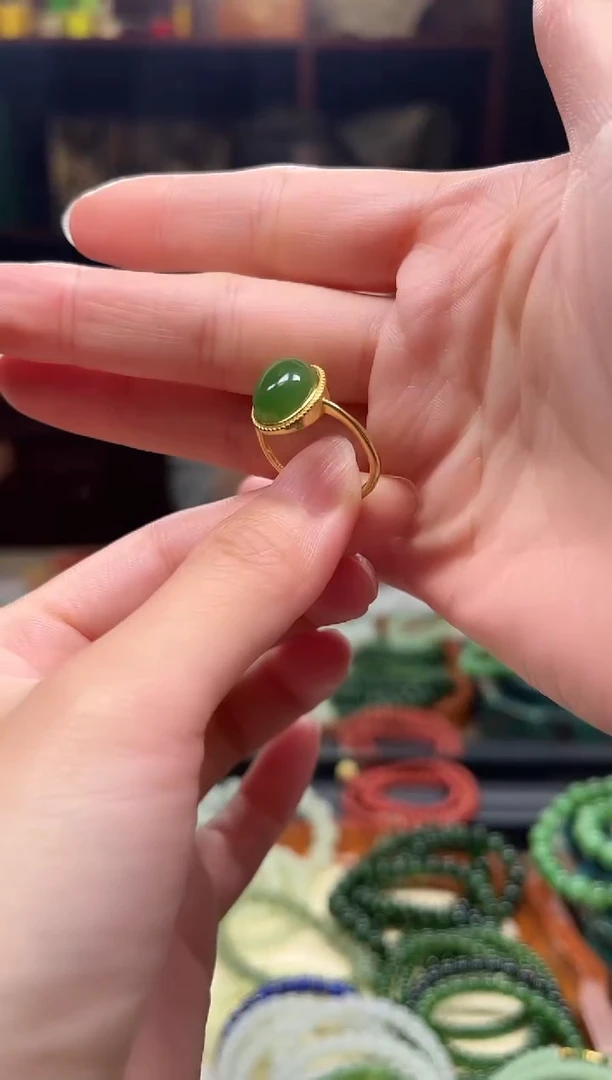 银S925镶嵌戒指和田玉碧玉戒指