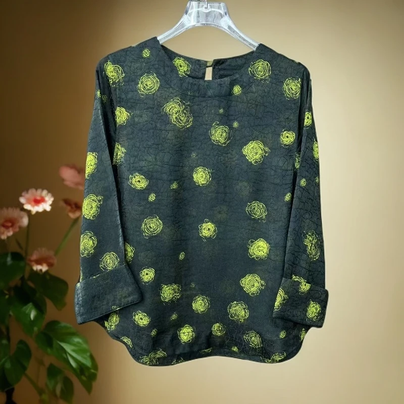 【花影】新中式老料香云纱女士复古圆领秋季长袖气质上衣百搭小衫