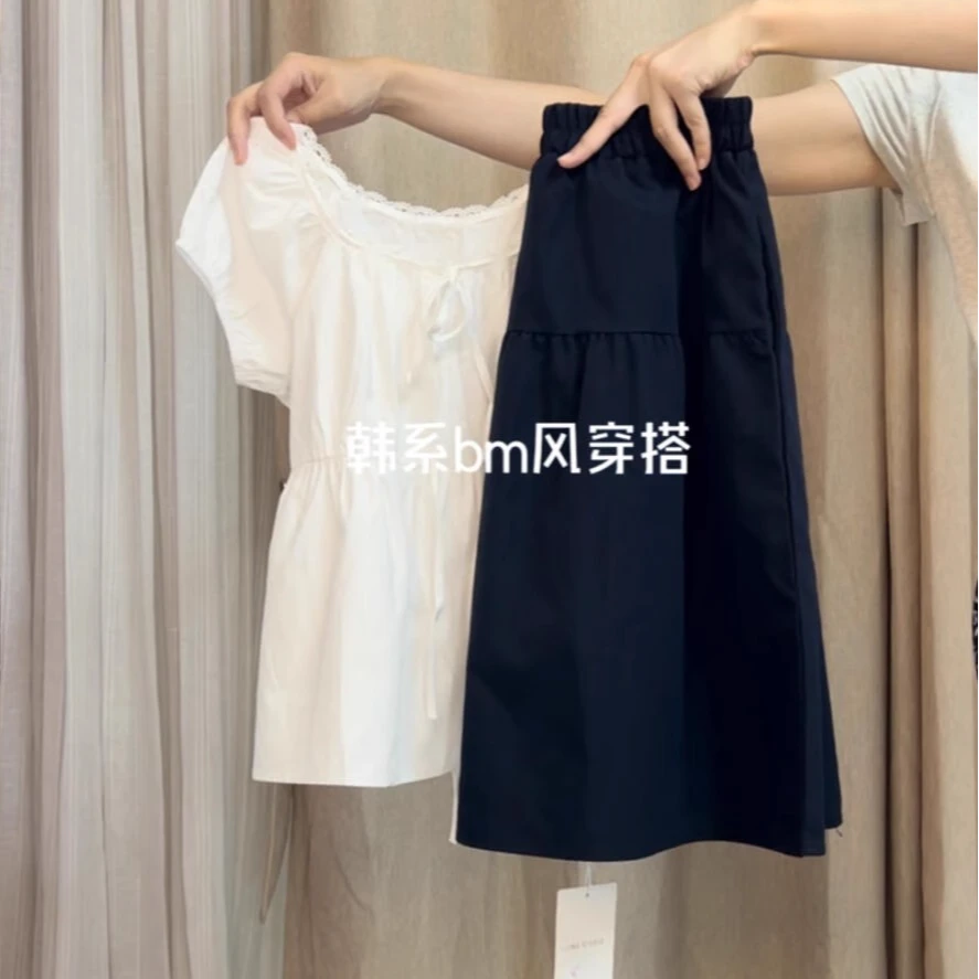 减龄穿搭一整套夏日绝美学院风套装女bm白色短袖衬衫半身裙两件套