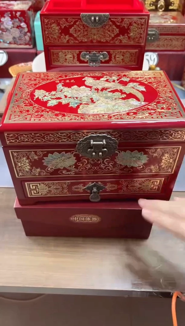 24厘米新款三层单抽掐丝螺钿镶嵌酒红色锦上添花