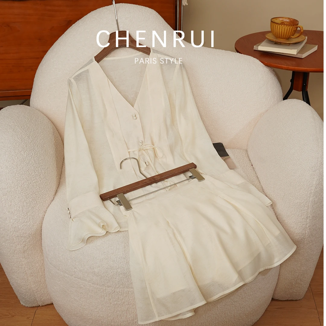 2025新款国风长袖V领防晒衬衫短裤两件套 套装1049